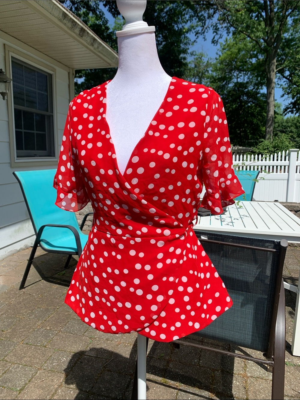 LEA & VIOLA Red Polka Dot Wrap Blouse